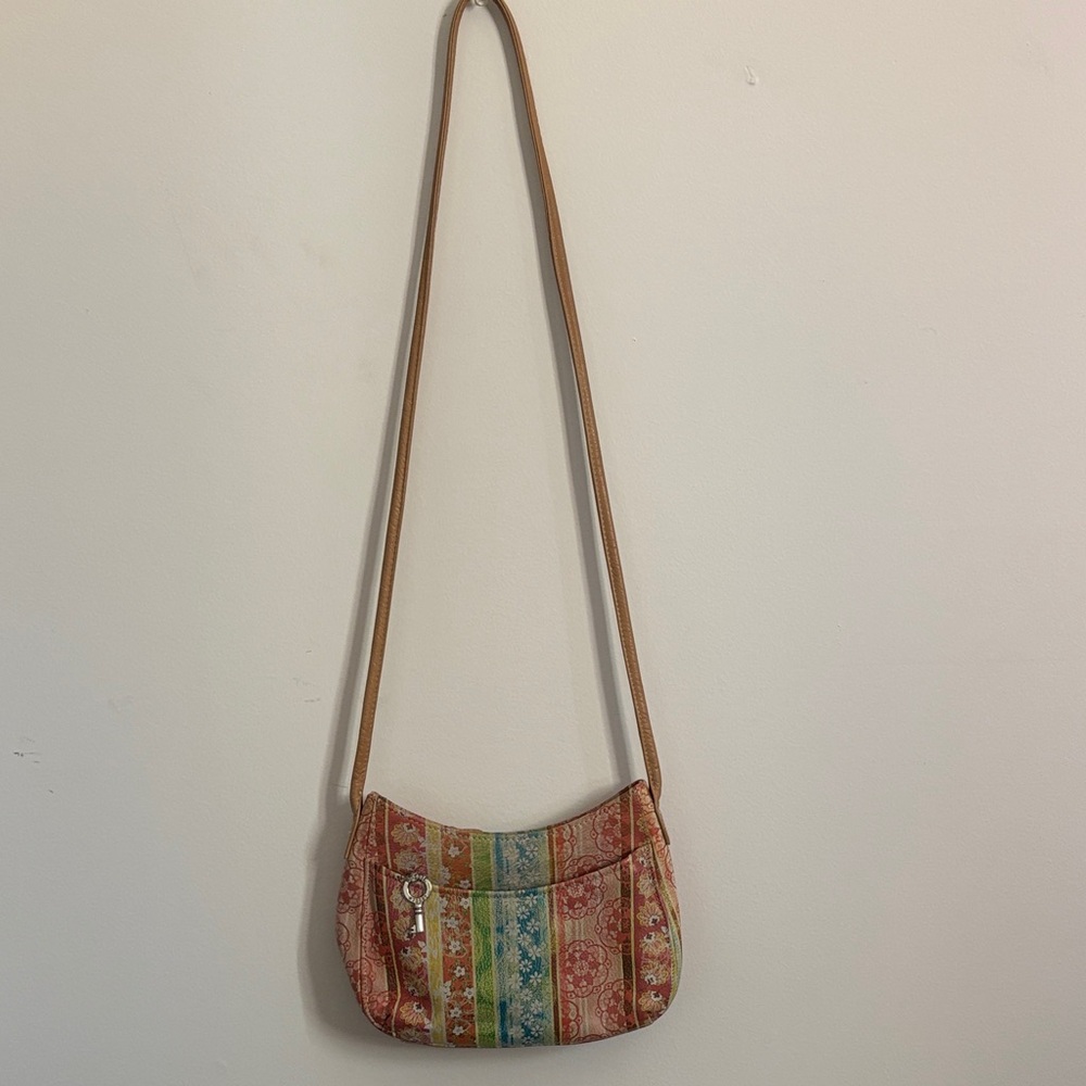 Vintage Fossil leather multicolored crossbody hobo bag.